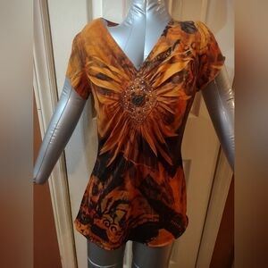 Bleu woman short sleeve blouse shirt top sunflower size medium